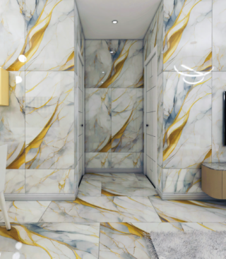 Porcelanato Blanco, Azul y Dorado Estilo Mármol Artístico - Super Ceramic Ecuador