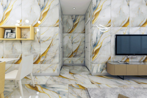 Porcelanato Blanco con Vetado Dorado Tipo Mármol - Super Ceramic Ecuador