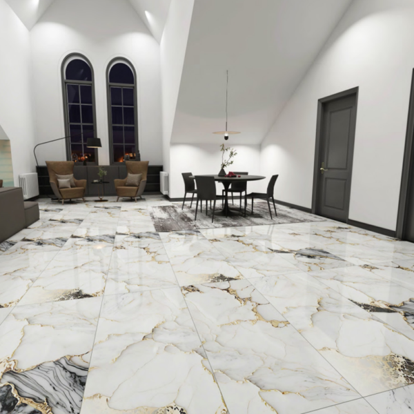 Porcelanato Mármol Blanco con Vetas Negras y Doradas - Super Ceramic Ecuador