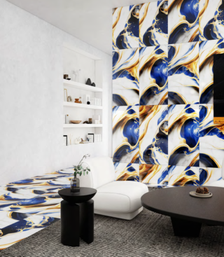 Porcelanato Blanco, Azul y Dorado Estilo Mármol Artístico - Super Ceramic Ecuador