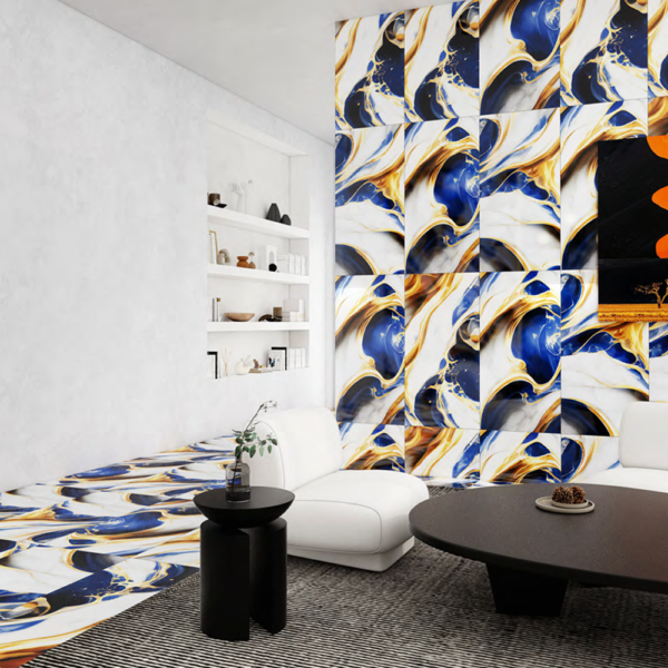 Porcelanato Blanco, Azul y Dorado Estilo Mármol Artístico - Super Ceramic Ecuador